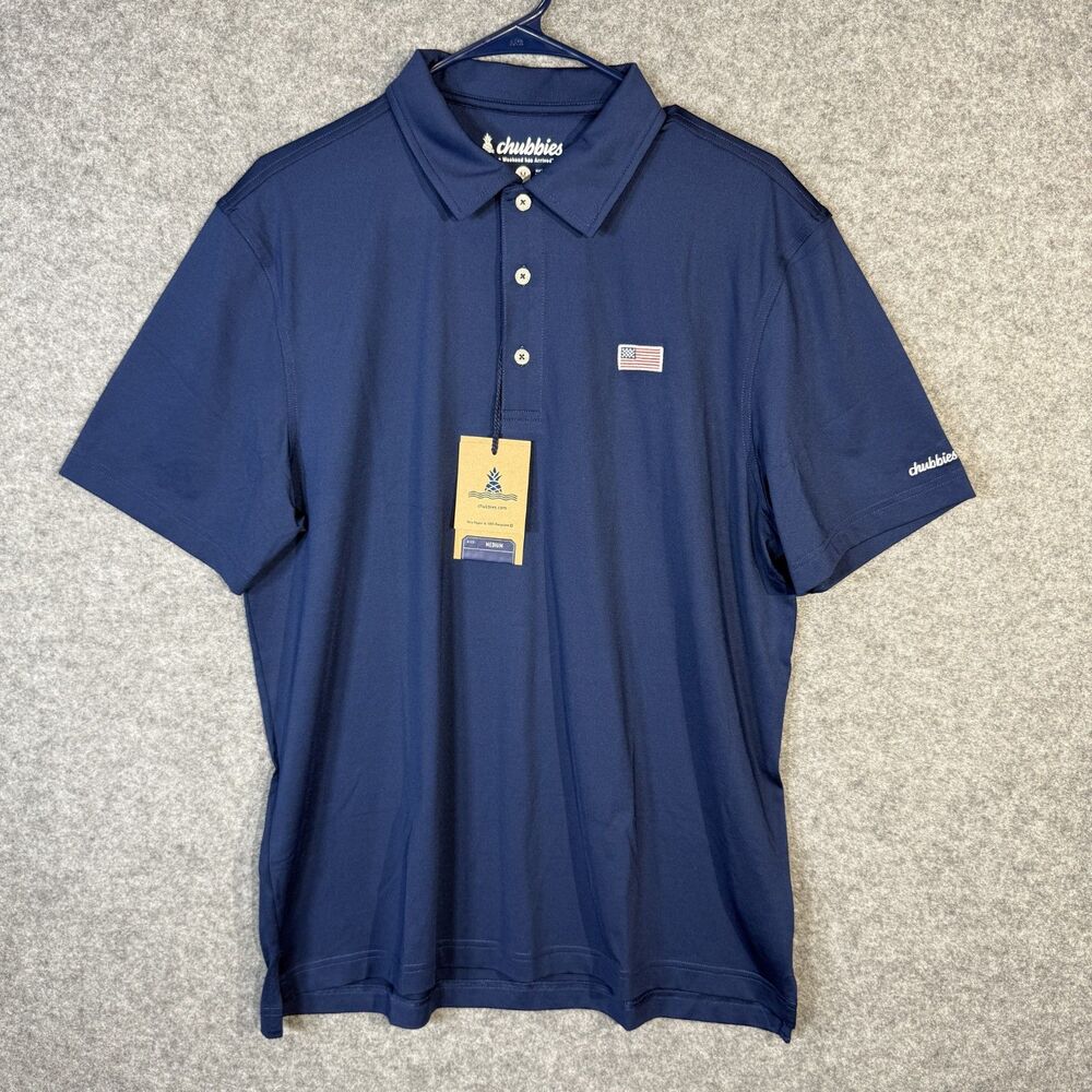 Chubbies Polo Shirt‎ Out of the Blue Performance Medium Navy Blue Flag Patch NEW